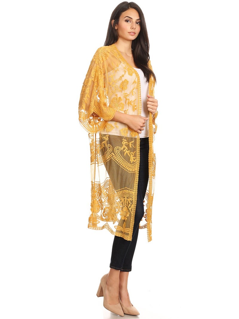 Anna-Kaci Floral Crochet Lace Cardigan for Women Beach Cover Ups Dress Kimono, Yellow, OneSize - Image 3